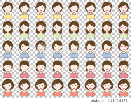 Elderly woman icon set with various expressions, color 111414171