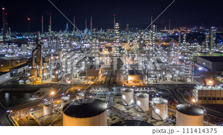 Aerial view liquid chemical tank terminal, Storage of liquid chemical and petrochemical products tank, Oil and gas storage tanks at industrial oil refinery. 111414375