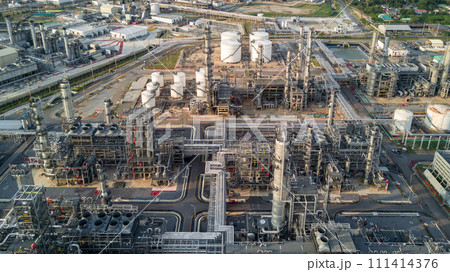 Aerial view liquid chemical tank terminal, Storage of liquid chemical and petrochemical products tank, Oil and gas storage tanks at industrial oil refinery. 111414376