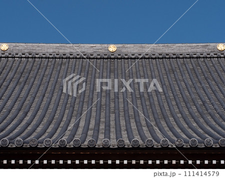 冬の青空と伝通院の本堂の屋根　東京都文京区 111414579