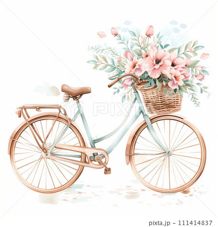 AI-generated content. Watercolor illustration Bicycle with a basket of flowers ai art 111414837