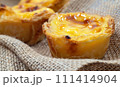 Lots of freshly baked desserts Pastel de nata or Portuguese egg tart. Pastel de Belm is a small pie with a crispy puff pastry crust and a custard cream filling. A small dessert, a cupcake 111414904