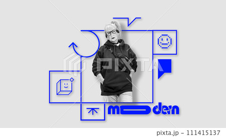 Stylish senior woman in casual hoodie and sunglasses standing against digital icons. Social media campaign with seniors mastering new technology trends. Stylish senior woman in casual hoodie and sunglasses standing against digital icons. Social media campaign with seniors mastering new technology trends. 111415137