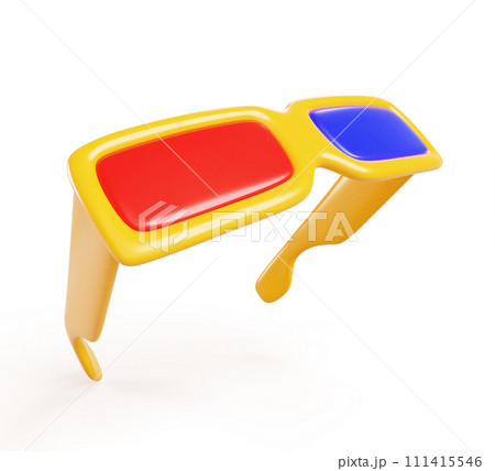 3D cinema glasses icon. Three dimensional red and blue lenses in yellow plastic frame for watching digital film with volume effect in movie theater. Cartoon isolated design element. 3D illustration 3D cinema glasses icon. Three dimensional red and blue lenses in yellow plastic frame for watching digital film with volume effect in movie theater. Cartoon isolated design element. 3D illustration 111415546
