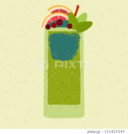 Green cocktail with grapefruit, berries and leaves. Fruit smoothie in tall glass Green cocktail with grapefruit, berries and leaves. Fruit smoothie in tall glass 111415547