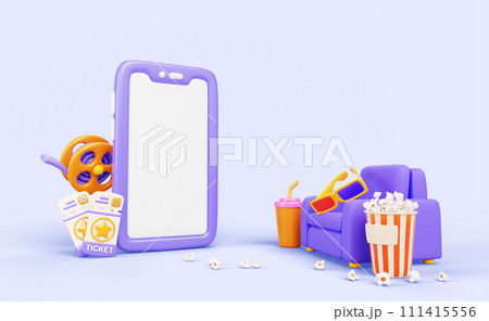 Online cinema banner. Mobile phone with white screen for watching movie home in internet. Smartphone app mockup with sofa, 3d glasses, popcorn bucket, drink, film reel and tickets. 3D illustration Online cinema banner. Mobile phone with white screen for watching movie home in internet. Smartphone app mockup with sofa, 3d glasses, popcorn bucket, drink, film reel and tickets. 3D illustration 111415556