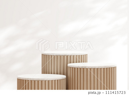 Minimal style luxury cylinder podium with wooden slats and white marble top 3d render 111415723