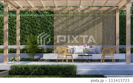 Modern contemporary style wooden pavilion with green wall background 3d render 111415725