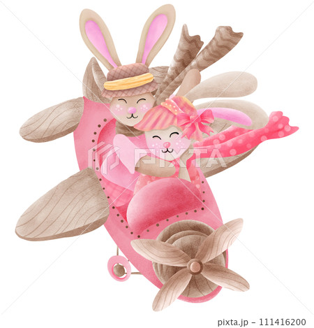 hand painted watercolor pink rabbit couple sitting on a plane hand painted watercolor pink rabbit couple sitting on a plane 111416200