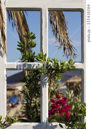 Vintage window frame decorated with flowers and palm tree leaves at the beach 111416264