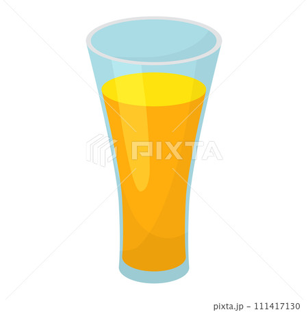 Glass full orange juice, transparent clear glassware containing liquid. Refreshing beverage orange drink, healthy citrus refreshment. Cartoon style juice isolated white background 111417130