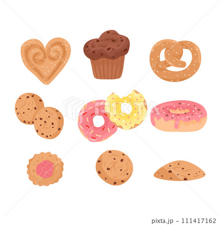 Assorted bakery treats collection, colorful doughnuts, cookies, pretzel, muffin. Sweet baked goods set menu design. Delicious dessert items. Pastry bakery vector illustration Assorted bakery treats collection, colorful doughnuts, cookies, pretzel, muffin. Sweet baked goods set menu design. Delicious dessert items. Pastry bakery vector illustration 111417162