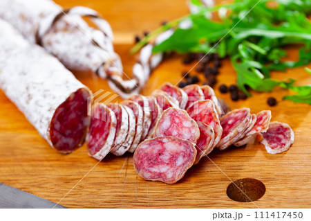 Sliced spanish sausage fuet Sliced spanish sausage fuet 111417450