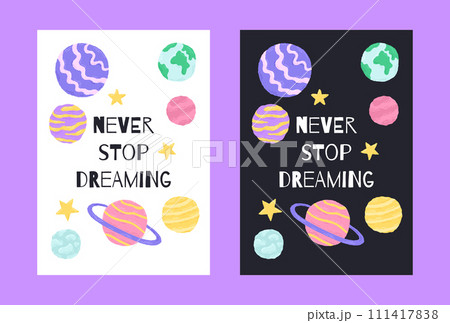 Space poster with cute planets in the cartoon hand drawn style with quote letternig. Vector illustration Space poster with cute planets in the cartoon hand drawn style with quote letternig. Vector illustration 111417838