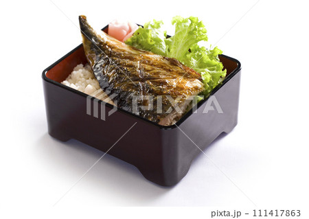 Grilled Saba with rice in a box. Traditional Japanese food. Grilled Saba with rice in a box. Traditional Japanese food. 111417863