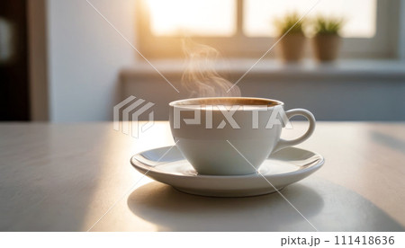 AI-generated content. Morning Coffee: A white cup filled with steaming coffee rests on a clean white table, casting a subtle shadow. creating a serene morning scene. 111418636