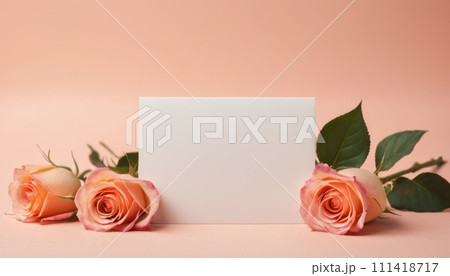 AI-generated content. Valentine’s Day postcard with roses: A white postcard surrounded by beautiful roses, perfect for Valentine’s Day messages 111418717