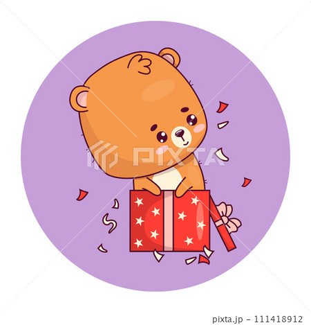 Cute little bear in gift box. Funny animal kawaii character. Vector illustration. Kids collection. Cute little bear in gift box. Funny animal kawaii character. Vector illustration. Kids collection. 111418912