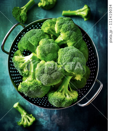 AI-generated content. Fresh broccoli in a metal colander, top view with copy space, AI generated 111419034