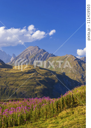 Landscape near Col du Petit-Saint-Bernard with Mont Blanc, on border France and Italy 111419503