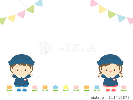 入園式の園児とガーランドとチューリップ、春の行事イラスト素材02 111419878