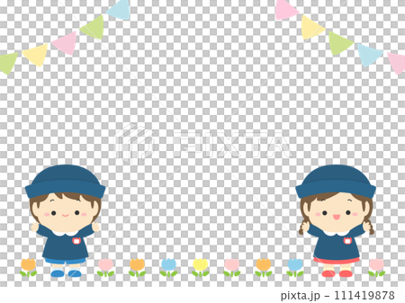 入園式の園児とガーランドとチューリップ、春の行事イラスト素材02 111419878