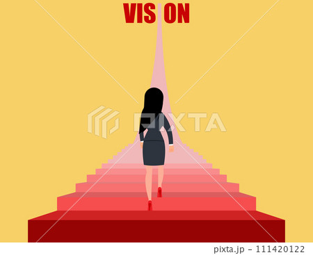 Vision of career development. Businesswoman climbing the stairs toward her vision. Vision of career development. Businesswoman climbing the stairs toward her vision. 111420122
