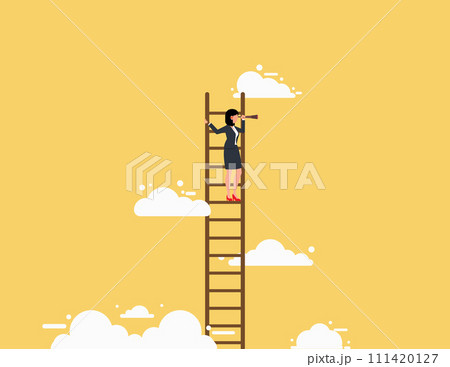 Leadership visionary, looking for goal. businesswoman climb up ladder looking on telescope. 111420127