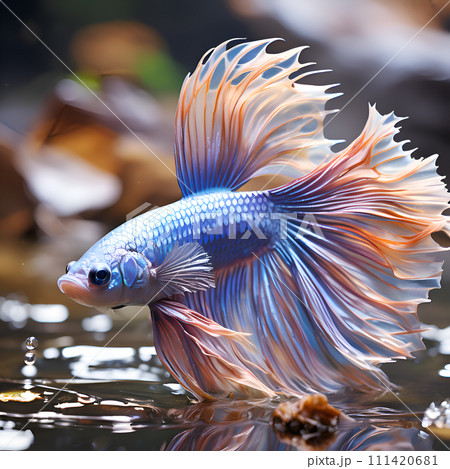 amazing bright violet  Betta fish male with peach fuzz fins posing against bokeh light background. close up. Ai generated 111420681
