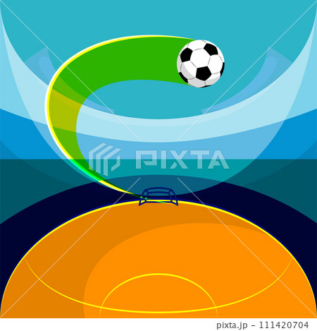 Soccer ball in motion, flying over field towards goal. Dynamics, action. Promotional image for soccer tournament broadcast Soccer ball in motion, flying over field towards goal. Dynamics, action. Promotional image for soccer tournament broadcast 111420704