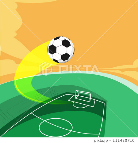 Stylized soccer ball soaring over field towards goal. Dynamics, action. Promotional image for soccer tournament broadcast 111420710