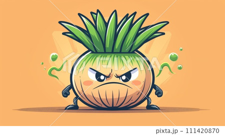A cartoon onion with a frowny face and green eyes, AI 111420870