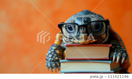 A turtle wearing glasses sitting on top of a stack of books, AI A turtle wearing glasses sitting on top of a stack of books, AI 111421146