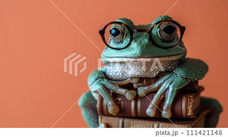 A frog wearing glasses sitting on top of books with a orange background, AI 111421148