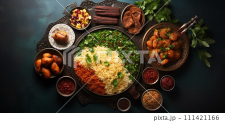 AI-generated content. Ramadan kareem Iftar party table top view shot , assorted festive traditional arabic dishes. 111421166