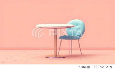 A blue chair and a table in front of pink wall, AI 111421219