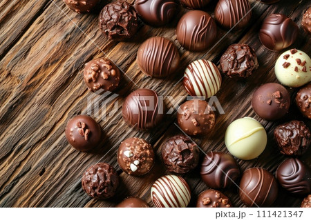 Dark, milk and white chocolate candies, pralines, truffles on wooden table 111421347