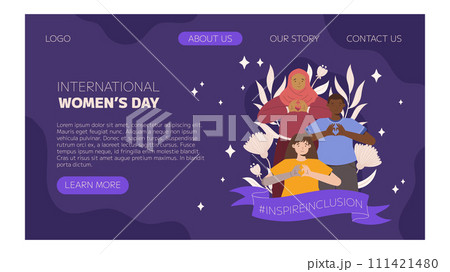 IWD Inspire Inclusion campaign, International Women's Day 2024 Landing page template features a diversity of women making heart gesture with their hands. Vector hand drawn illustration in flat style 111421480