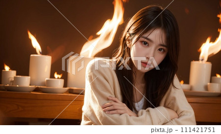 怒りの表情の女性と炎の背景 111421751