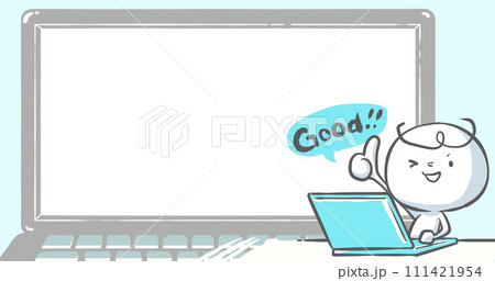 【ブログで使えるアイキャッチ】ノートPCの前でGOODサインをする白い人02 111421954