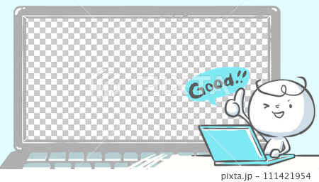 【ブログで使えるアイキャッチ】ノートPCの前でGOODサインをする白い人02 111421954