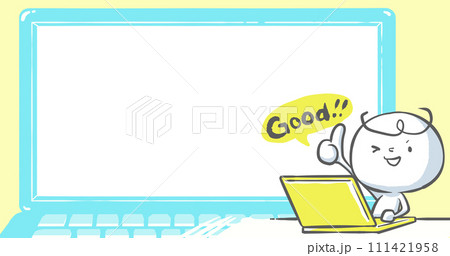 【ブログで使えるアイキャッチ】ノートPCの前でGOODサインをする白い人05 111421958