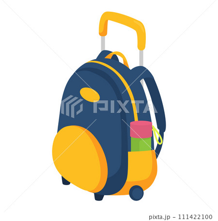 School backpack wheels retractable handle, water bottle side pocket. Back school travel luggage vector illustration School backpack wheels retractable handle, water bottle side pocket. Back school travel luggage vector illustration 111422100