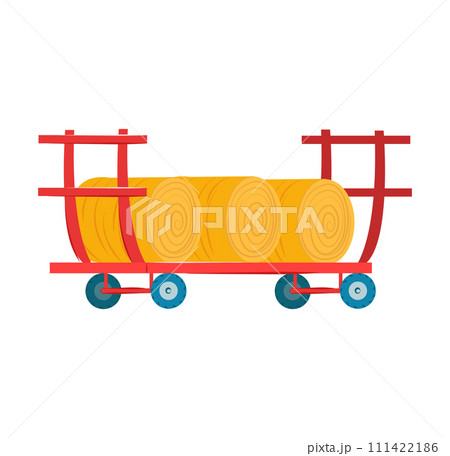 Cartoon lumber cart stacked logs, red blue industrial flatbed trolley. Timber transport, lumberjack theme vector illustration 111422186