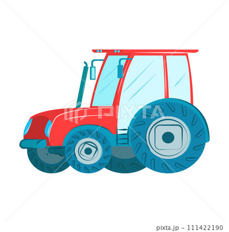 Red blue cartoon farm tractor, simple agricultural machinery illustration. Farming equipment, countryside life vector illustration 111422190