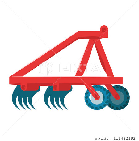 Red plow attachment tractor, modern agricultural equipment. Farm machinery soil cultivation vector illustration 111422192