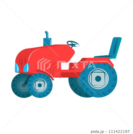 Red cartoon tractor isolated white background. Flat style farm construction vehicle 111422197