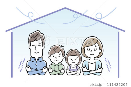 ベクターイラスト素材：家の中が寒くて震える4人家族 111422205