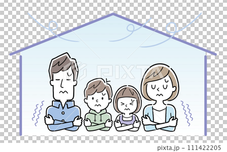 ベクターイラスト素材：家の中が寒くて震える4人家族 111422205