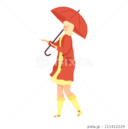 Blonde woman red coat umbrella. Lady enjoying rainy day, casual autumn fashion. Seasonal weather stylish outfit vector illustration 111422229